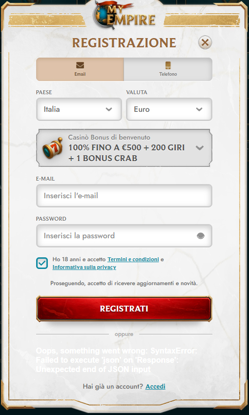 MyEmpire Casino Register