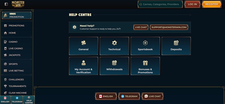 Centro assistenza MonsterWin Casino