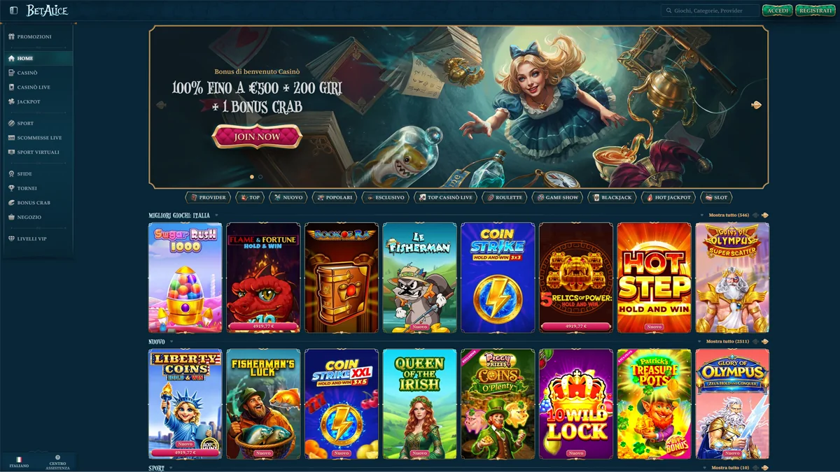 BetAlice Casino Homescreen
