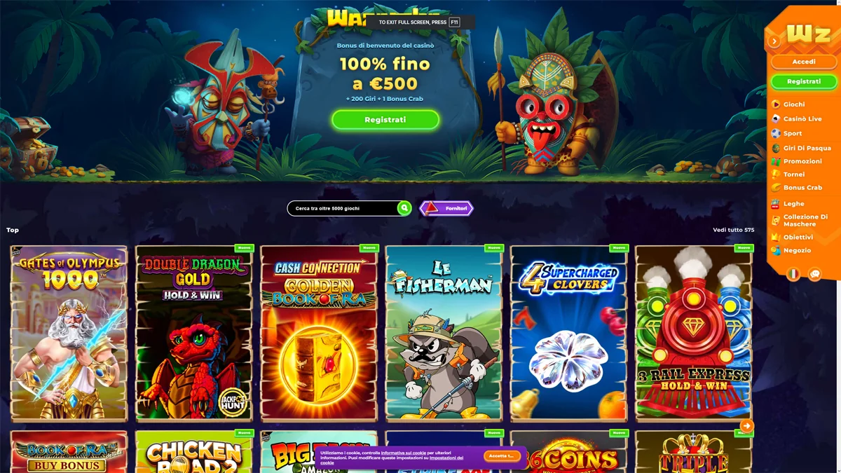 Wazamba Casino Homescreen